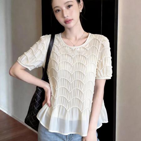 BY14686# 圆领夏季新款宽松褶皱短袖上衣衬衫女小衫 服裝批發女裝批發服飾貨源