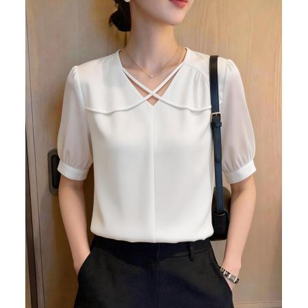 BY14687# 夏季新款韩版百搭V领短袖缎面衬衫女上衣夏 服裝批發女裝批發服飾貨源