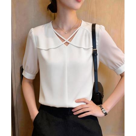 BY14687# 夏季新款韩版百搭V领短袖缎面衬衫女上衣夏 服裝批發女裝批發服飾貨源