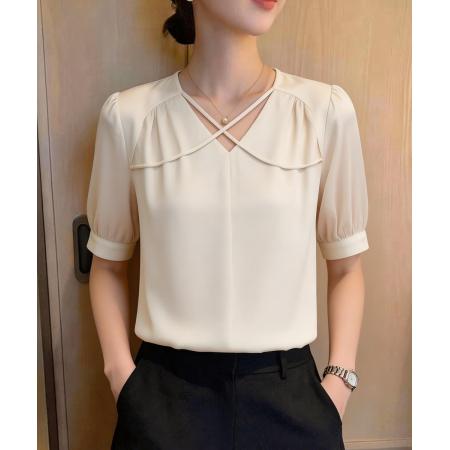 BY14687# 夏季新款韩版百搭V领短袖缎面衬衫女上衣夏 服裝批發女裝批發服飾貨源