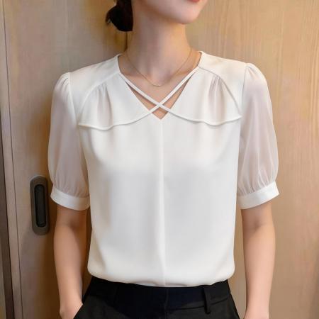 BY14687# 夏季新款韩版百搭V领短袖缎面衬衫女上衣夏 服裝批發女裝批發服飾貨源