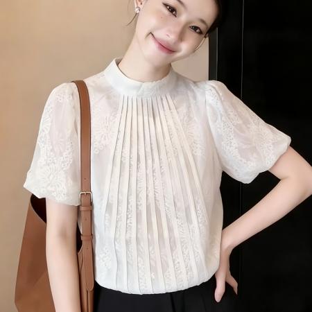BY14688# 夏季新款韩版百搭圆领灯笼袖短袖蕾丝衫女上衣夏 服裝批發女裝批發服飾貨源