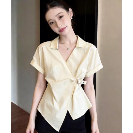 BY14689# 夏季新款韩版百搭V领系带短袖衬衫女上衣小衫 服裝批發女裝批發服飾貨源