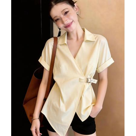 BY14689# 夏季新款韩版百搭V领系带短袖衬衫女上衣小衫 服裝批發女裝批發服飾貨源