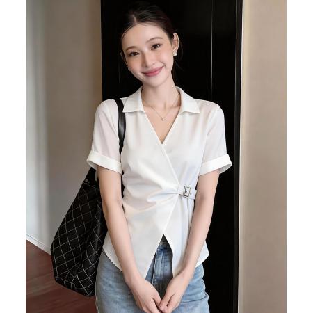 BY14689# 夏季新款韩版百搭V领系带短袖衬衫女上衣小衫 服裝批發女裝批發服飾貨源