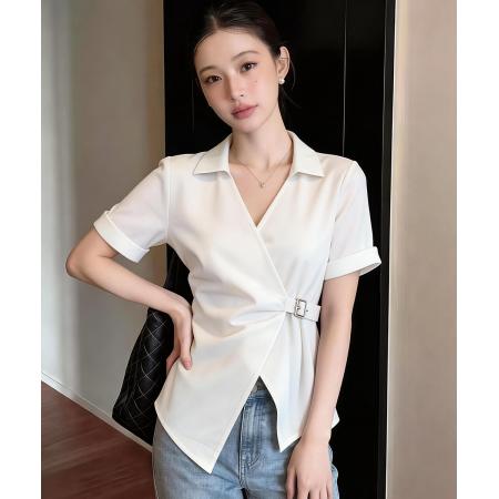 BY14689# 夏季新款韩版百搭V领系带短袖衬衫女上衣小衫 服裝批發女裝批發服飾貨源