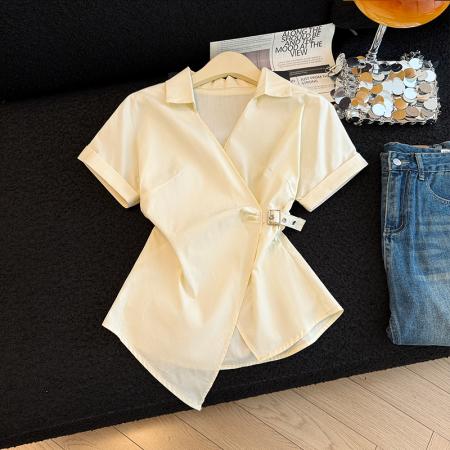 BY14689# 夏季新款韩版百搭V领系带短袖衬衫女上衣小衫 服裝批發女裝批發服飾貨源