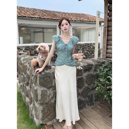 BY14690# 夏季新款系带花边纯色雪纺衫+半身裙两件套女套装 服裝批發女裝批發服飾貨源