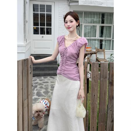 BY14690# 夏季新款系带花边纯色雪纺衫+半身裙两件套女套装 服裝批發女裝批發服飾貨源