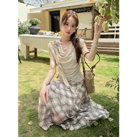 BY14691# 夏季新款纯色针织上衣+格子雪纺半身裙两件套女时尚套装 服裝批發女裝批發服飾貨源