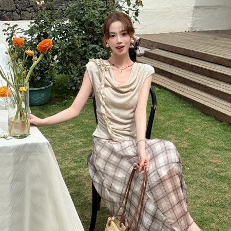 BY14691# 夏季新款纯色针织上衣+格子雪纺半身裙两件套女时尚套装 服裝批發女裝批發服飾貨源