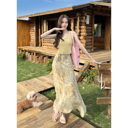 BY14692# 夏季新款纯色针织上衣+雪纺碎花半身裙两件套女时尚套装 服裝批發女裝批發服飾貨源