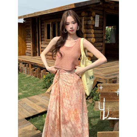 BY14692# 夏季新款纯色针织上衣+雪纺碎花半身裙两件套女时尚套装 服裝批發女裝批發服飾貨源