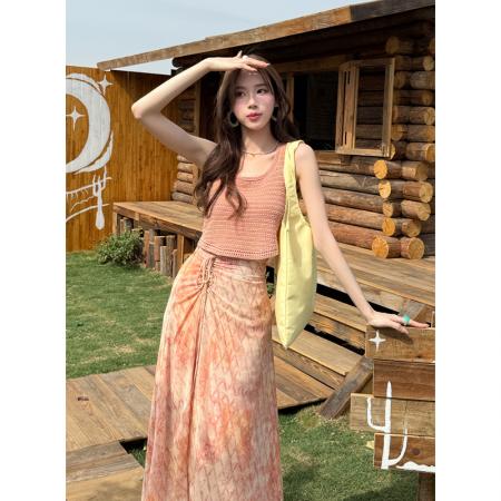 BY14692# 夏季新款纯色针织上衣+雪纺碎花半身裙两件套女时尚套装 服裝批發女裝批發服飾貨源