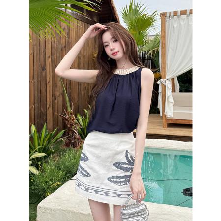 BY14693# 夏季新款无袖雪纺衫+刺绣半身裙两件套女时尚套装 服裝批發女裝批發服飾貨源