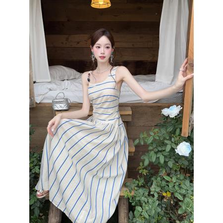 BY14694# 夏季新款女装法式优雅吊带裙子修身显瘦条纹连衣裙 服裝批發女裝批發服飾貨源