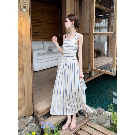 BY14694# 夏季新款女装法式优雅吊带裙子修身显瘦条纹连衣裙 服裝批發女裝批發服飾貨源