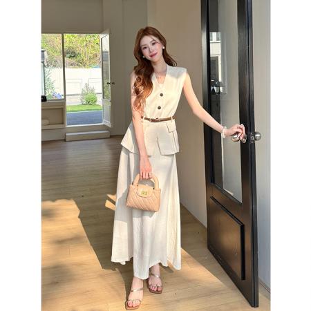 BY14695# 夏季新款纯色无袖马甲+半身裙两件套女时尚套装配腰带 服裝批發女裝批發服飾貨源