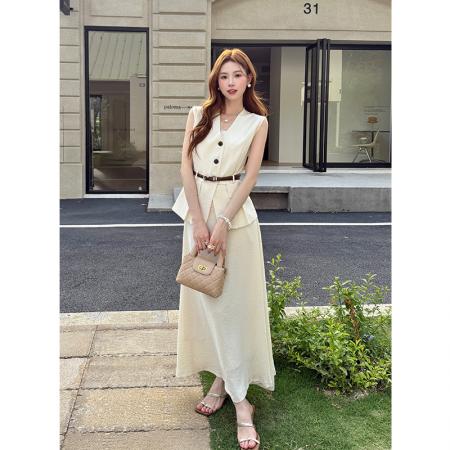 BY14695# 夏季新款纯色无袖马甲+半身裙两件套女时尚套装配腰带 服裝批發女裝批發服飾貨源