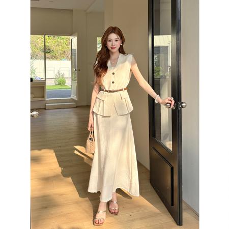 BY14695# 夏季新款纯色无袖马甲+半身裙两件套女时尚套装配腰带 服裝批發女裝批發服飾貨源