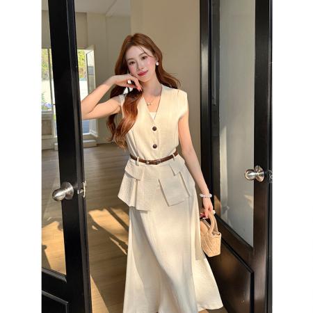 BY14695# 夏季新款纯色无袖马甲+半身裙两件套女时尚套装配腰带 服裝批發女裝批發服飾貨源