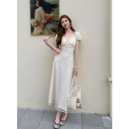 BY14696# 夏季新款法式优雅V领系带纯色蕾丝裙子短袖连衣裙女 服裝批發女裝批發服飾貨源