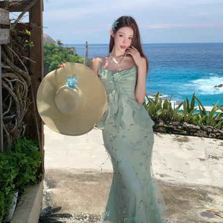 BY14712# 海边度假绿色连衣裙女夏立体碎花绝美雪纺吊带裙长裙 服裝批發女裝批發服飾貨源