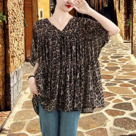 BY14715# 复古时尚胖MM夏季新款豹纹收腰V领韩版减龄娃娃衫 服裝批發女裝批發服飾貨源