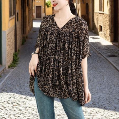 BY14715# 复古时尚胖MM夏季新款豹纹收腰V领韩版减龄娃娃衫 服裝批發女裝批發服飾貨源