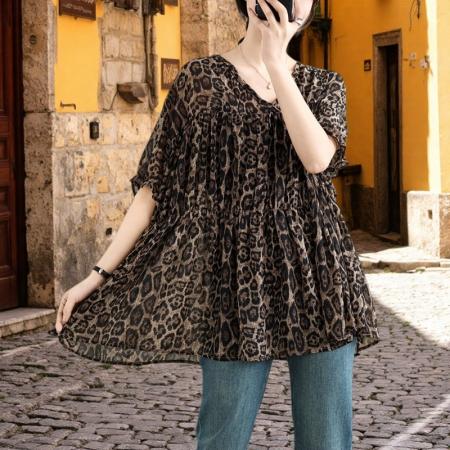 BY14715# 复古时尚胖MM夏季新款豹纹收腰V领韩版减龄娃娃衫 服裝批發女裝批發服飾貨源