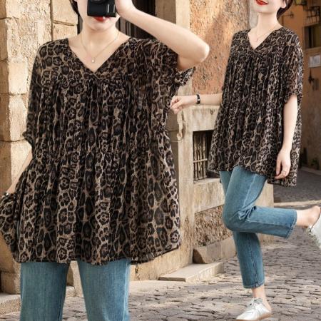 BY14715# 复古时尚胖MM夏季新款豹纹收腰V领韩版减龄娃娃衫 服裝批發女裝批發服飾貨源