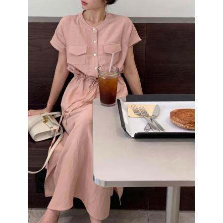 BY14716# chic韩版收腰抽绳侧开叉连衣裙 服裝批發女裝批發服飾貨源