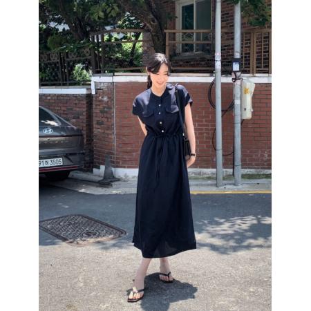 BY14716# chic韩版收腰抽绳侧开叉连衣裙 服裝批發女裝批發服飾貨源