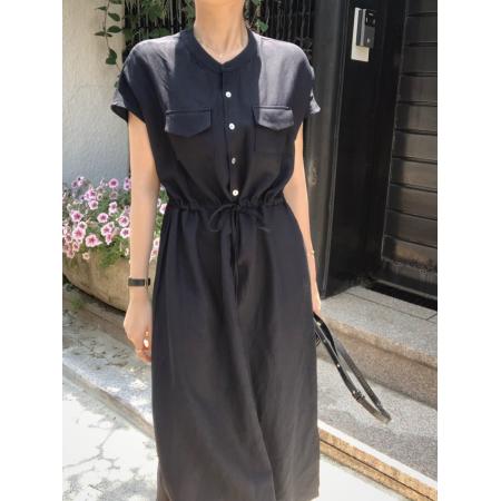 BY14716# chic韩版收腰抽绳侧开叉连衣裙 服裝批發女裝批發服飾貨源