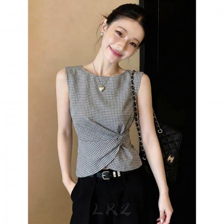 BY14718# 法式夏季新款减龄洋气修身背心上衣高级感灰色格子无袖衬衫女 服裝批發女裝批發服飾貨源