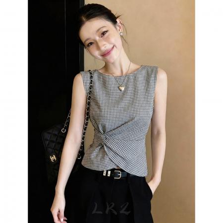 BY14718# 法式夏季新款减龄洋气修身背心上衣高级感灰色格子无袖衬衫女 服裝批發女裝批發服飾貨源