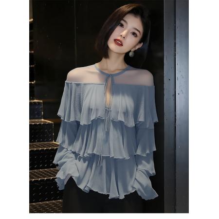 BY14719# 绝美漂亮雾气蓝衬衫女春季新款洋气百搭小衫时尚小个子衬衣 服裝批發女裝批發服飾貨源