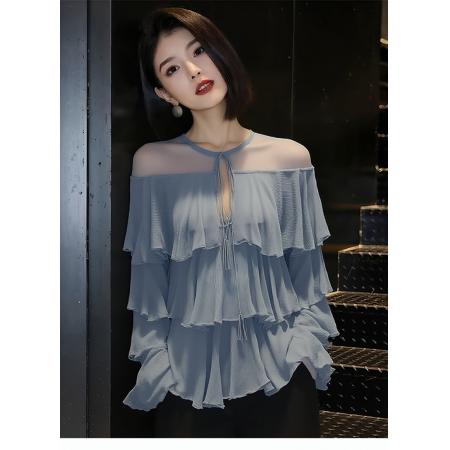 BY14719# 绝美漂亮雾气蓝衬衫女春季新款洋气百搭小衫时尚小个子衬衣 服裝批發女裝批發服飾貨源