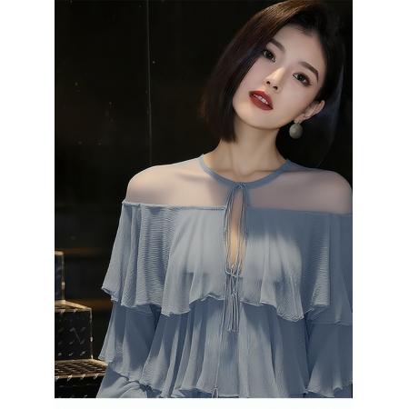 BY14719# 绝美漂亮雾气蓝衬衫女春季新款洋气百搭小衫时尚小个子衬衣 服裝批發女裝批發服飾貨源