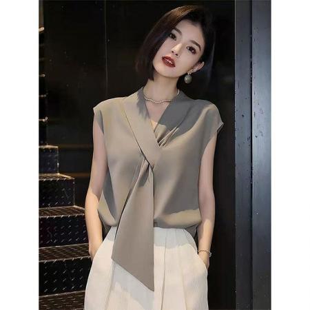 BY14721# 轻熟优雅风无袖V领飘带衬衫女夏季新款休闲百搭显瘦减龄上衣 服裝批發女裝批發服飾貨源