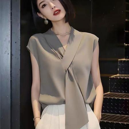 BY14721# 轻熟优雅风无袖V领飘带衬衫女夏季新款休闲百搭显瘦减龄上衣 服裝批發女裝批發服飾貨源