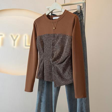 BY14724# 大码女装胖mm韩系假两件拼接收腰绑带长袖秋季显瘦百搭上衣 服裝批發女裝批發服飾貨源