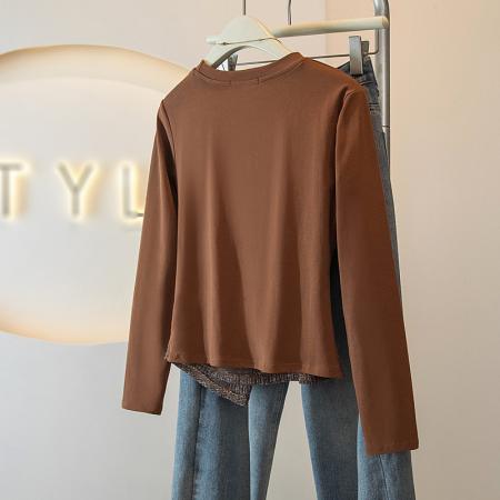 BY14724# 大码女装胖mm韩系假两件拼接收腰绑带长袖秋季显瘦百搭上衣 服裝批發女裝批發服飾貨源