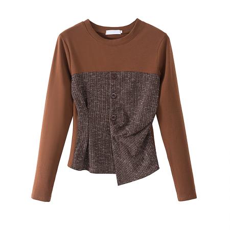 BY14724# 大码女装胖mm韩系假两件拼接收腰绑带长袖秋季显瘦百搭上衣 服裝批發女裝批發服飾貨源