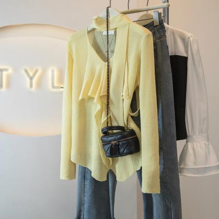 BY14726# 法式荷叶边拼接v领长袖t恤女春季设计感小众飘带收腰显瘦气质上衣 服裝批發女裝批發服飾貨源