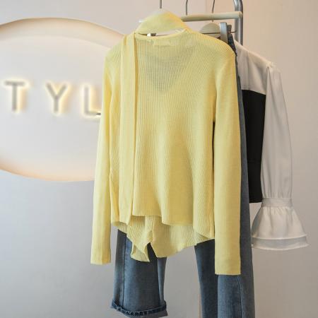 BY14726# 法式荷叶边拼接v领长袖t恤女春季设计感小众飘带收腰显瘦气质上衣 服裝批發女裝批發服飾貨源