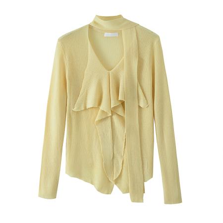 BY14726# 法式荷叶边拼接v领长袖t恤女春季设计感小众飘带收腰显瘦气质上衣 服裝批發女裝批發服飾貨源