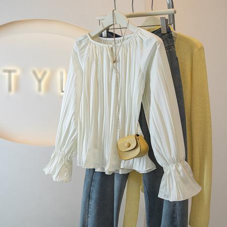 BY14728# 法式小资别致压褶衬衫女款新款春装衬衣独特漂亮超好看小衫 服裝批發女裝批發服飾貨源