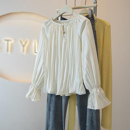 BY14728# 法式小资别致压褶衬衫女款新款春装衬衣独特漂亮超好看小衫 服裝批發女裝批發服飾貨源
