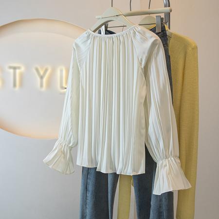 BY14728# 法式小资别致压褶衬衫女款新款春装衬衣独特漂亮超好看小衫 服裝批發女裝批發服飾貨源